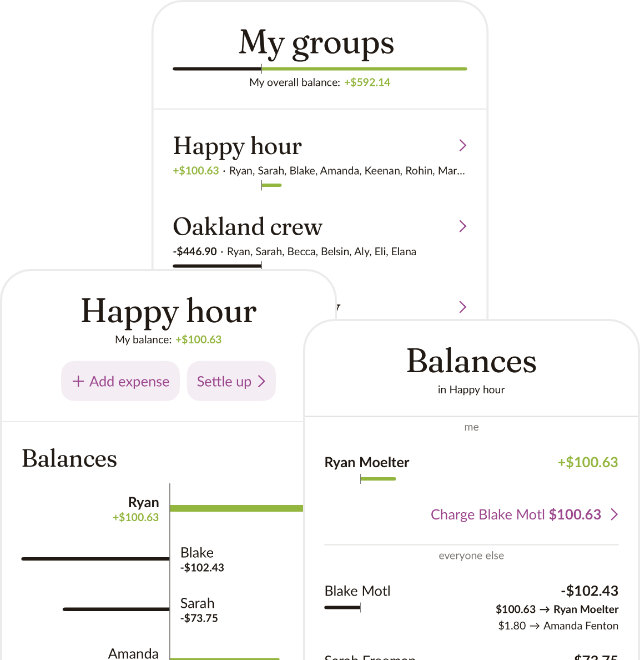 Screenshots showing Heypenny in use, including a list of groups and how much the person owes in each, a detail view of a single group showing the relative balances of each person in the group, and a view showing suggested payments to resolve all balances